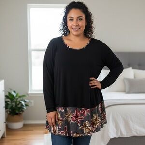 Spense Black Long Sleeve Top with Floral Design